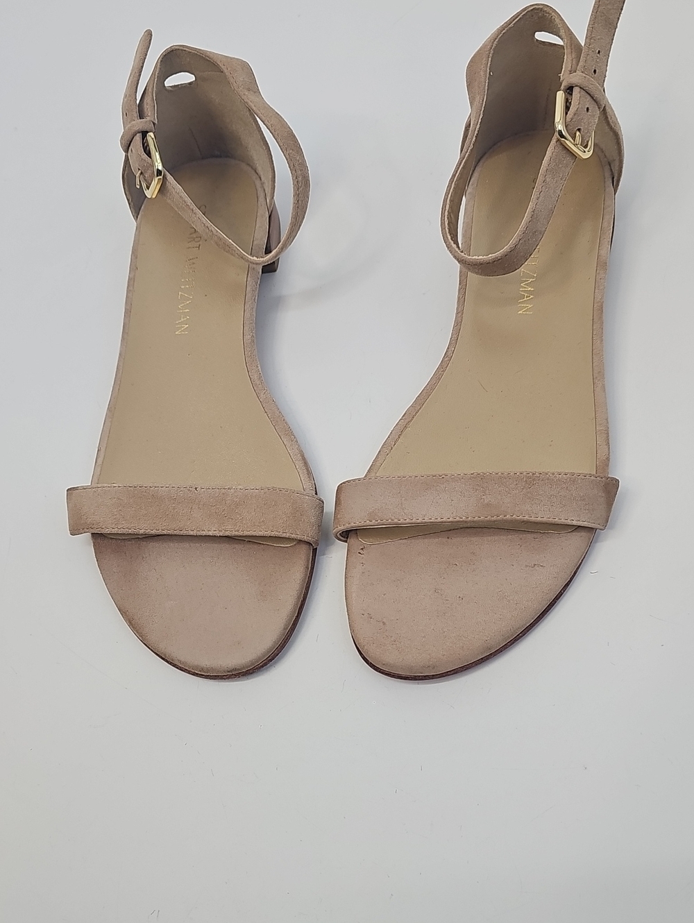 Stuart Weitzman Suede Tan Nude Ankle-Strap Wood Block Heel Sandals Sz:8